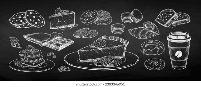 Vector chalk drawn sketchy illustrations set of desserts and sweet food on chalkboard background