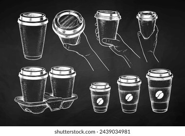 Vector chalk drawn sketchy illustrations collection of takeaway coffee and hands holding disposable paper cups on chalkboard background