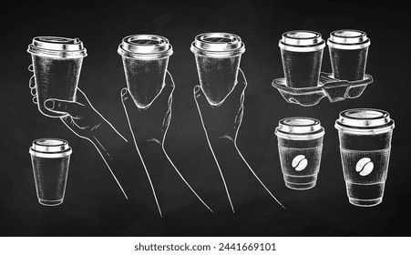 Vector chalk drawn sketchy illustrations set of takeaway coffee and hands holding disposable paper cups on chalkboard background