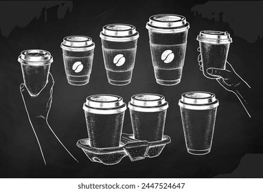 Vector chalk drawn sketchy illustrations collection of takeaway coffee and hands holding disposable paper cups on chalkboard background