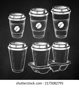 Vector chalk drawn sketchy vintage illustration set of takeaway coffee paper cups