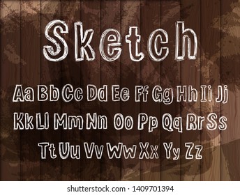 Vector Chalk Hand Drawn Alphabet on Dark Wooden Background, Font Template, White Scribble Lines.