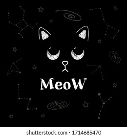 Vector chalk hand drawn funny cat on black background. Space background illustration