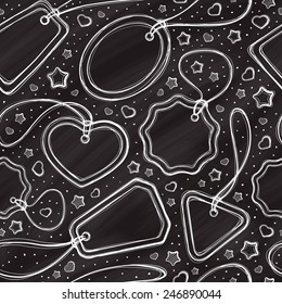 Vector chalk hand drawn tags seamless pattern on the blackboard