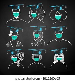 Vector chalk illustration collection of new normal students wearing face masks and mortarboards on black chalkboard background.