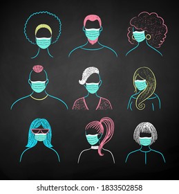 Vector chalk illustration collection of new normal user icons people wearing face masks on black chalkboard background.