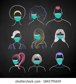 Vector chalk illustration collection of new normal user icons people wearing face masks on black chalkboard background.