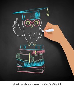 Vector chalk illustration of hand drawing Owl sitting on books education symbol on chalkboard background.