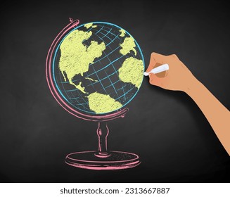 Vector chalk illustration of hand drawing Owl globe on chalkboard background.