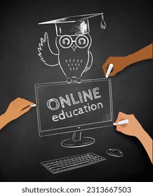 Vector chalk illustration of hands drawing Owl sitting on computer display. Online education symbol on chalkboard background.