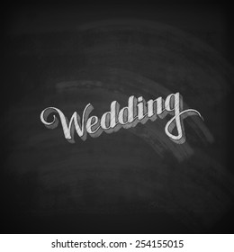 vector chalk illustration of handwritten Wedding retro label on the blackboard background. ceremony invitation logo