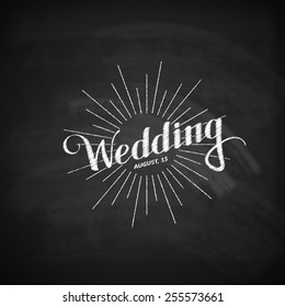 vector chalk illustration of handwritten Wedding retro label with light rays or burst on the blackboard background. ceremony invitation logo