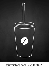 Vector chalk illustration of line art disposable coffee cup on chalkboard background