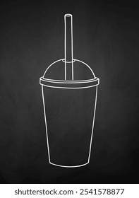 Vector chalk illustration of line art disposable coffee cup on chalkboard background