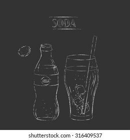 Vector chalk illustration. Open soda bottle, glass with straw and ice cubes and lid set. Chalk drinks sign on black background. Grungy sketch illustration.