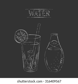 Vector chalk illustration. Open water bottle, glass with straw, lemon slice and ice cubes set. Chalk drinks sign on black background. Grungy sketch illustration.