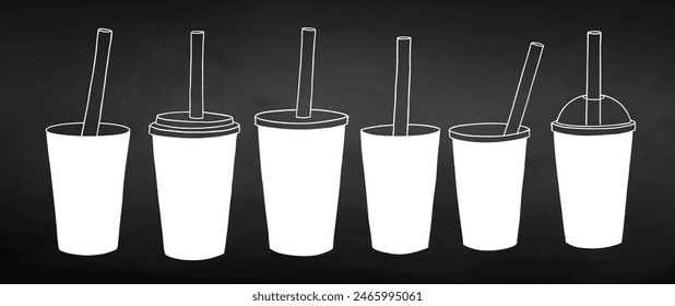 Vector chalk illustration set of line art disposable coffee and tea paper and plastic cups on chalkboard background