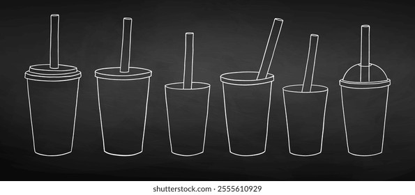 Vector chalk illustration set of line art disposable coffee cups on chalkboard background