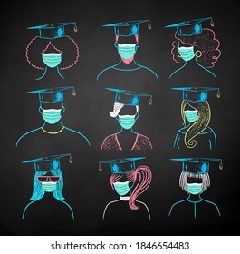 Vector chalk illustration set of new normal students wearing face masks and mortarboards on black chalkboard background.