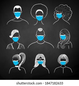 Vector chalk illustration set of new normal user icons people wearing face masks on black chalkboard background.