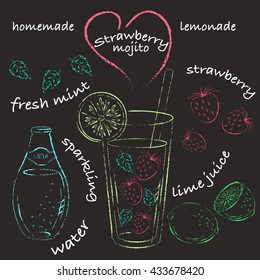 Vector chalk illustration. Strawberry mojito recipe with ingredients. Colored chalk lime, strawberry, mint, water, glass.