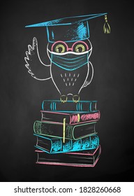 Vector chalk illustration of student owl sitting on books and wearing face mask on black chalkboard background.