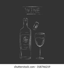 Vector chalk illustration. Wine bottle, cork, and wine glass set. Drinks party menu background. Grungy sketch illustration.