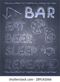 Vector Chalk Label Eat Beer Sleep Repeat with Hand Drawn Pictures on Chalkboard Background