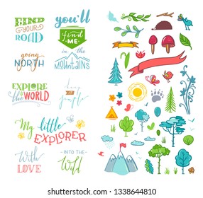Vector chalk lettering and doodle clipart on nature / travel / wanderlust theme. Brush lettering design and doodle illustrations for poster, mug, bag, card or t-shirt design.