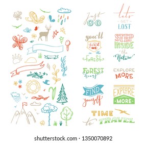 Vector chalk lettering and doodle clipart on nature / travel / wanderlust theme. Brush lettering design and doodle illustrations for poster, mug, bag, sticker, patch, card or t-shirt design.