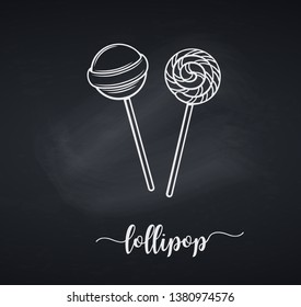 Vector chalk lollipop candy on stick icon with twisted design badge, blackboard style