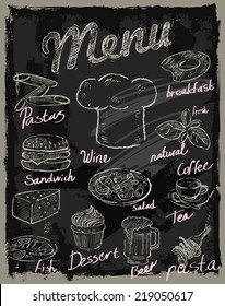 Vector Chalk Menu And Food On Chalkboard Background