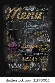 vector chalk menu and food on chalkboard background