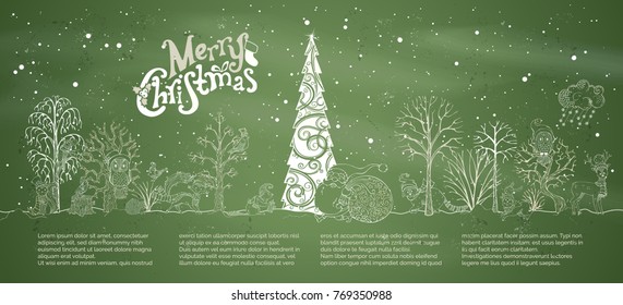 Vector chalk Merry Christmas background. Woodland animals in hats and scarfs and trees on green blackboard background. Christmas tree in winter forest. Santa Claus with big sack full of gifts.