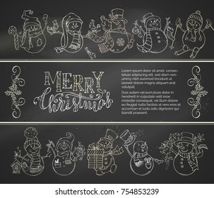 Vector chalk Merry Christmas blackboard background with cute snowmen. Candy cane, gift, garland, Christmas sock and baubles, birds, holly berries. Snowmen are skiing, singing and skating.