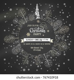 Vector chalk Merry Christmas party template. Linear woodland animals and winter trees on the Earth. Santa Claus with big sack. Cute animals and birds in hats and scarfs. Blackboard background.