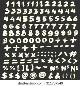 Vector Chalk Numbers and Punctuation Signs Set. Math symbols, mathematics operators, isolated. Hand drawn brush strokes. Handwritten textured numbers, multiply, email, ampersand.