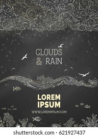 Vector chalk ocean background. Hand-drawn chalk sketch of clouds and rain, waves, gulls and underwater life on blackboard background. There is copy space for your text in the sky and undersea.