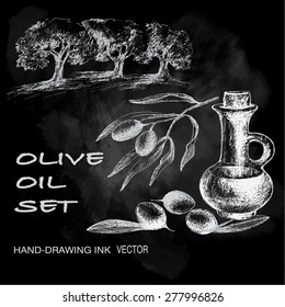 Vector chalk olive oil set on chalkboard background.