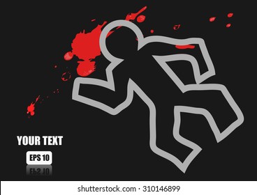 Vector : Chalk outline of dead body and blood on a road