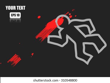 Vector : Chalk outline of dead body blood and no entry label on a road