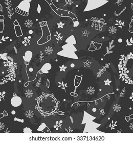 Vector chalk painted seamless pattern with snowflakes, mittens, branches, wreath, toys and trees