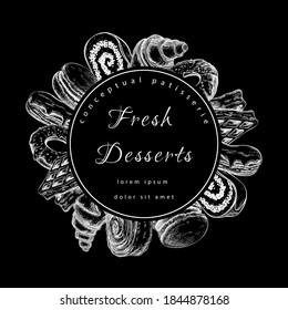 vector chalk pastry, bakery frame on black chalkboard. label, badge with sweets and desserts on blackboard. Pastry shop, bakery house logo template, banner for menu, package design. Vintage drawing.