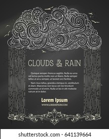Vector chalk rain cloud background. Doodles hand-drawn chalk cloud and rain on blackboard background. Vintage decoration. Flying birds. 
