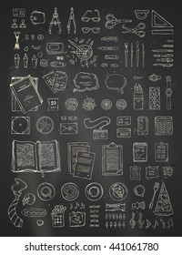 Vector chalk scene creator set on blackboard background. Doodles chalk gadgets and stationery supplies, food and plants. Top view. Design elements for work and education.