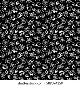 Vector chalk seamless pattern of spring flowers. White flowers from fruit trees on black background. Black and white boundless background.