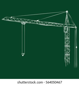 Vector Chalk Sketch Building Tower Crane on Dark Green Background