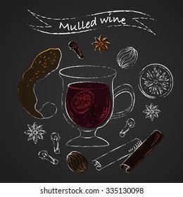 Vector chalk sketch drawing set. Mulled wine ingredients. Mulled wine glass, orange, peel, lemon slice, nutmeg, star anise, cinnamon stick, clove on chalkboard. Winter menu, Christmas background.