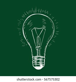 Vector Chalk Sketch Illustration - Lightbulb On Dark Green Background. Idea Icon.