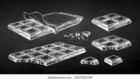 Vector chalk sketch illustration set of Chocolate on chalkboard background.